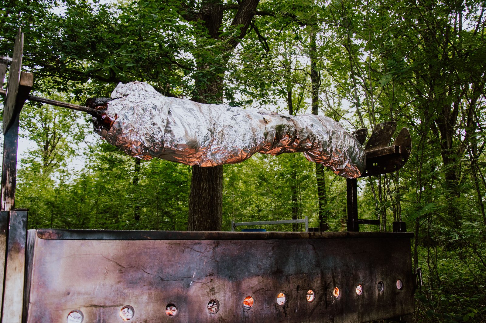 Cochon à la broche emballé, en cuisson — La Flambée